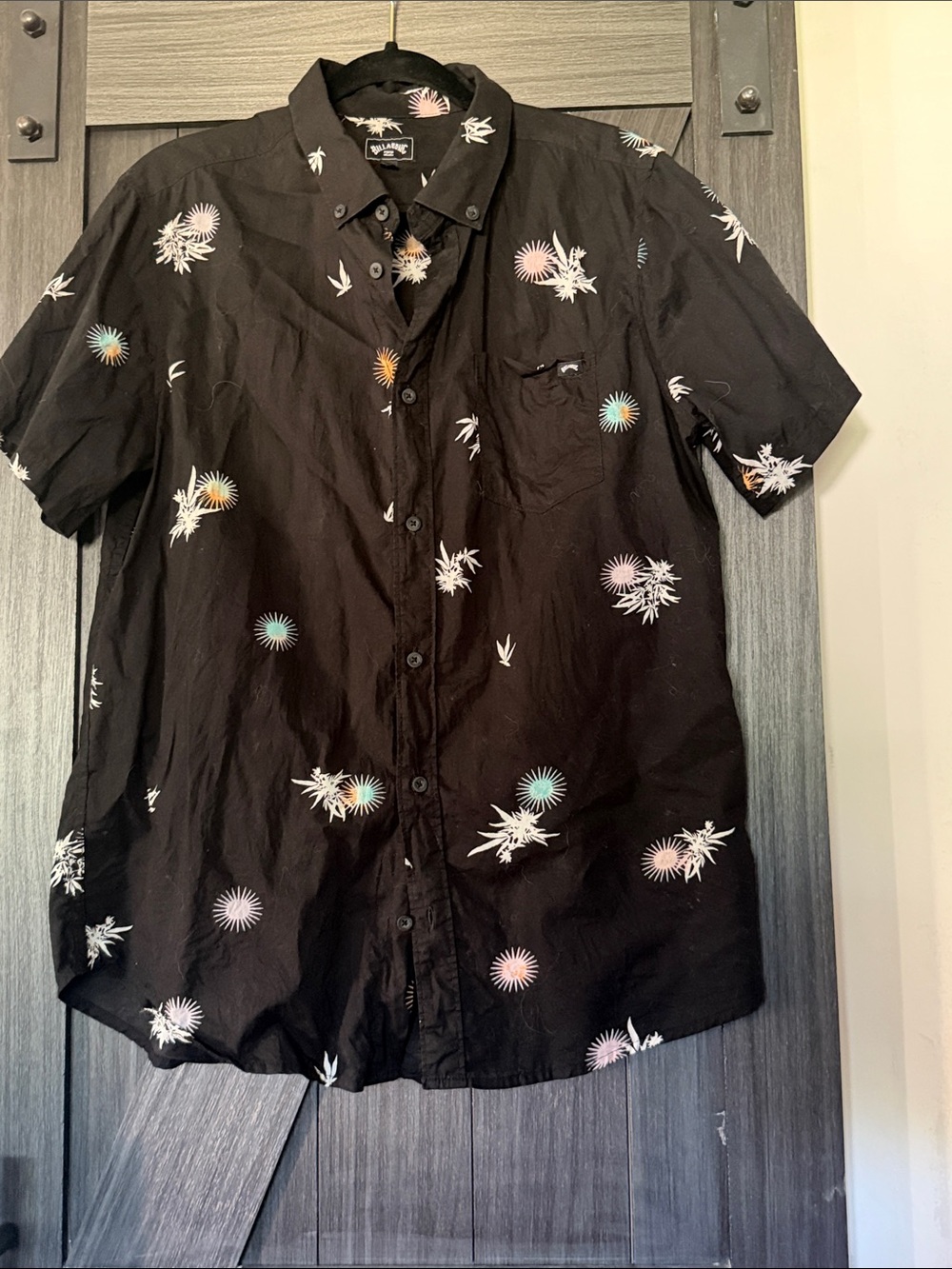 Billabong Black Short-Sleeve Button-Down with Pastel Burst Print